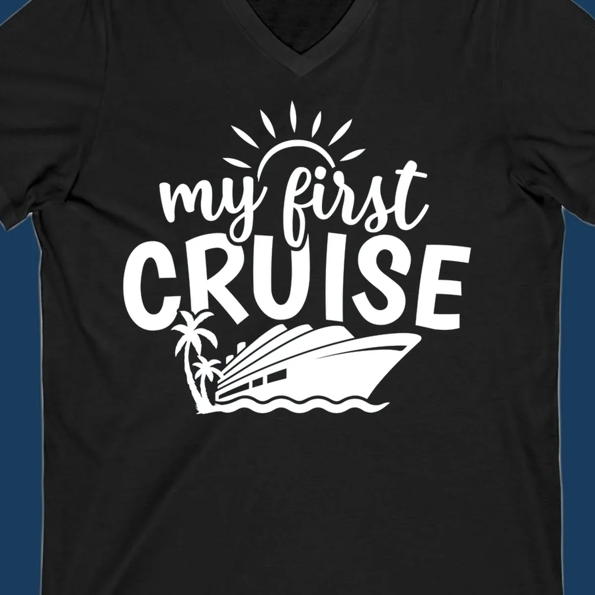 My first cruise design with text, cruise ship, palm trees, and sun.
