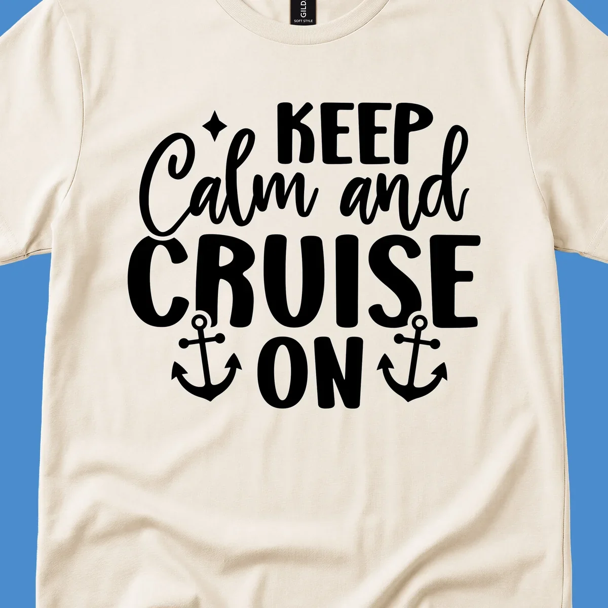 Keep Calm and Cruise On text with anchors and star, a popular cruise vacation design.