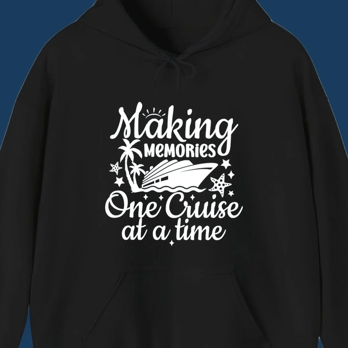 Making memories one cruise at a time text with cruise ship, palm trees, and starfish graphic.