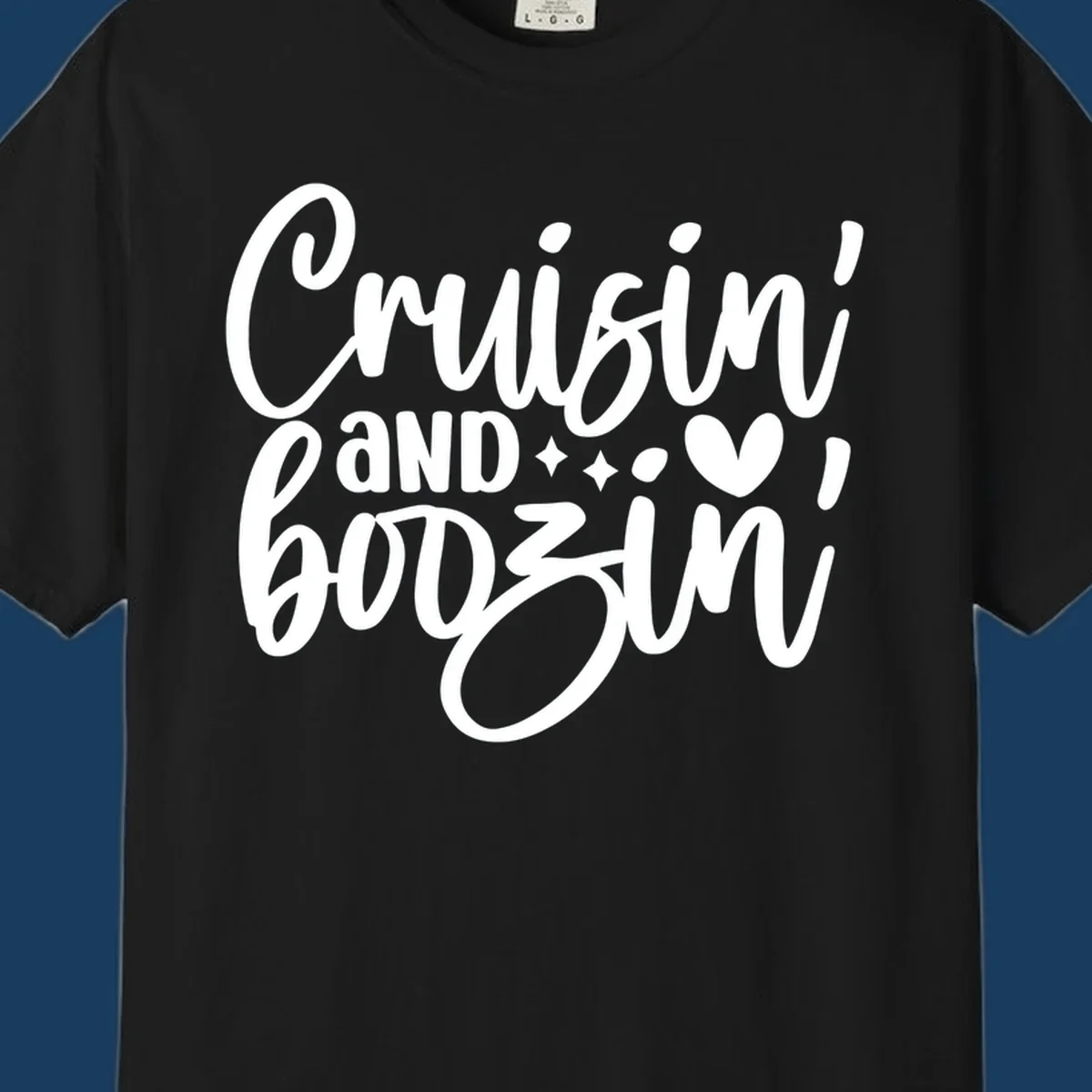 Cruisin and Boozin text design with heart and sparkles for a cruise vacation.