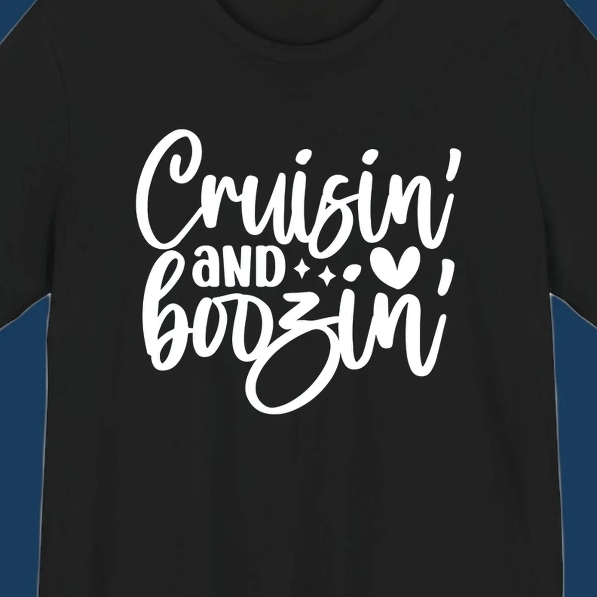 Cruisin and Boozin text design with heart and sparkles for a cruise vacation.