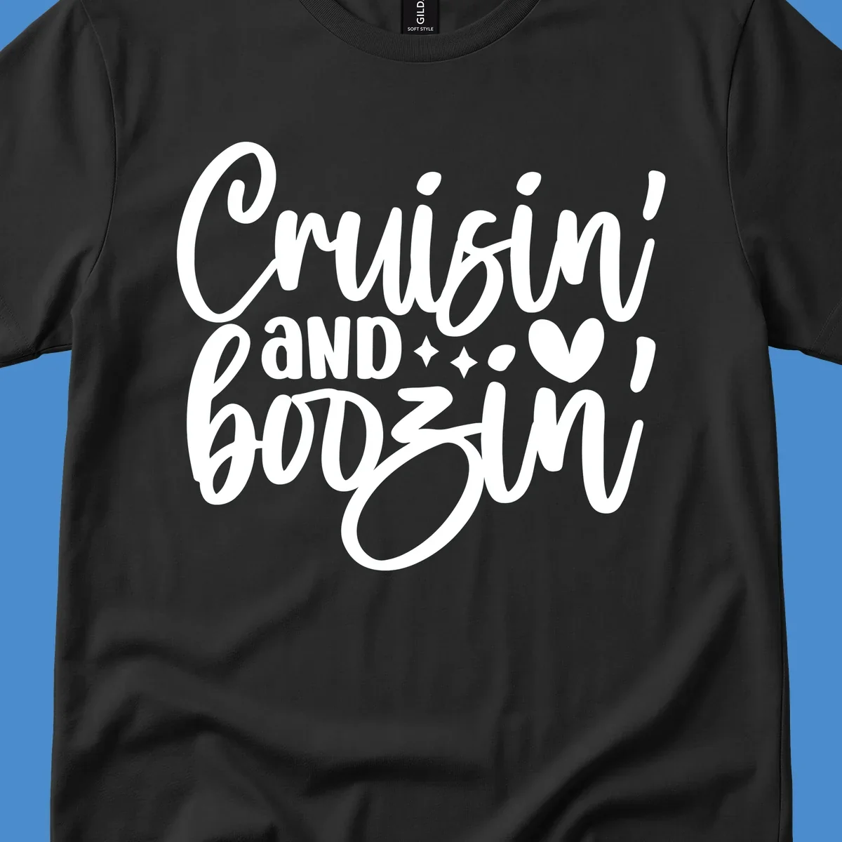 Cruisin and Boozin text design with heart and sparkles for a cruise vacation.