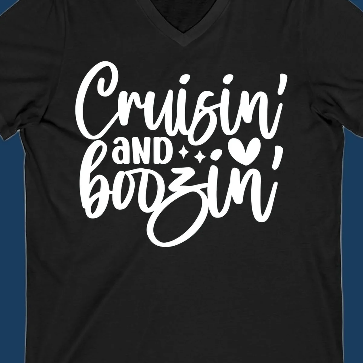 Cruisin and Boozin text design with heart and sparkles for a cruise vacation.