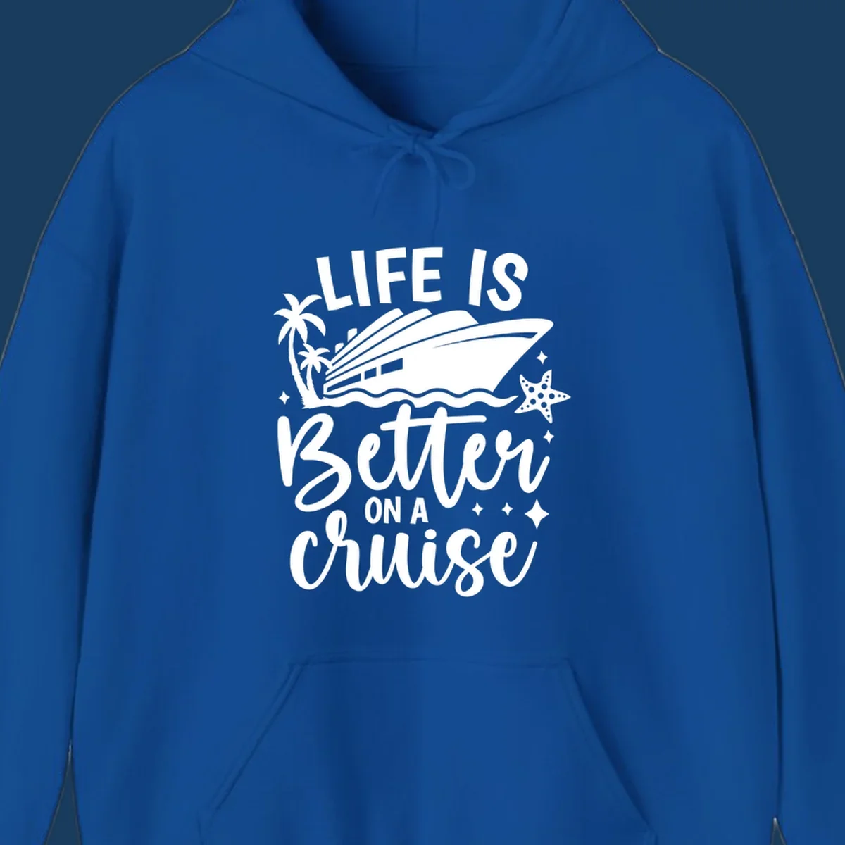 Life is better on a cruise text with cruise ship, palm trees, and starfish graphic.