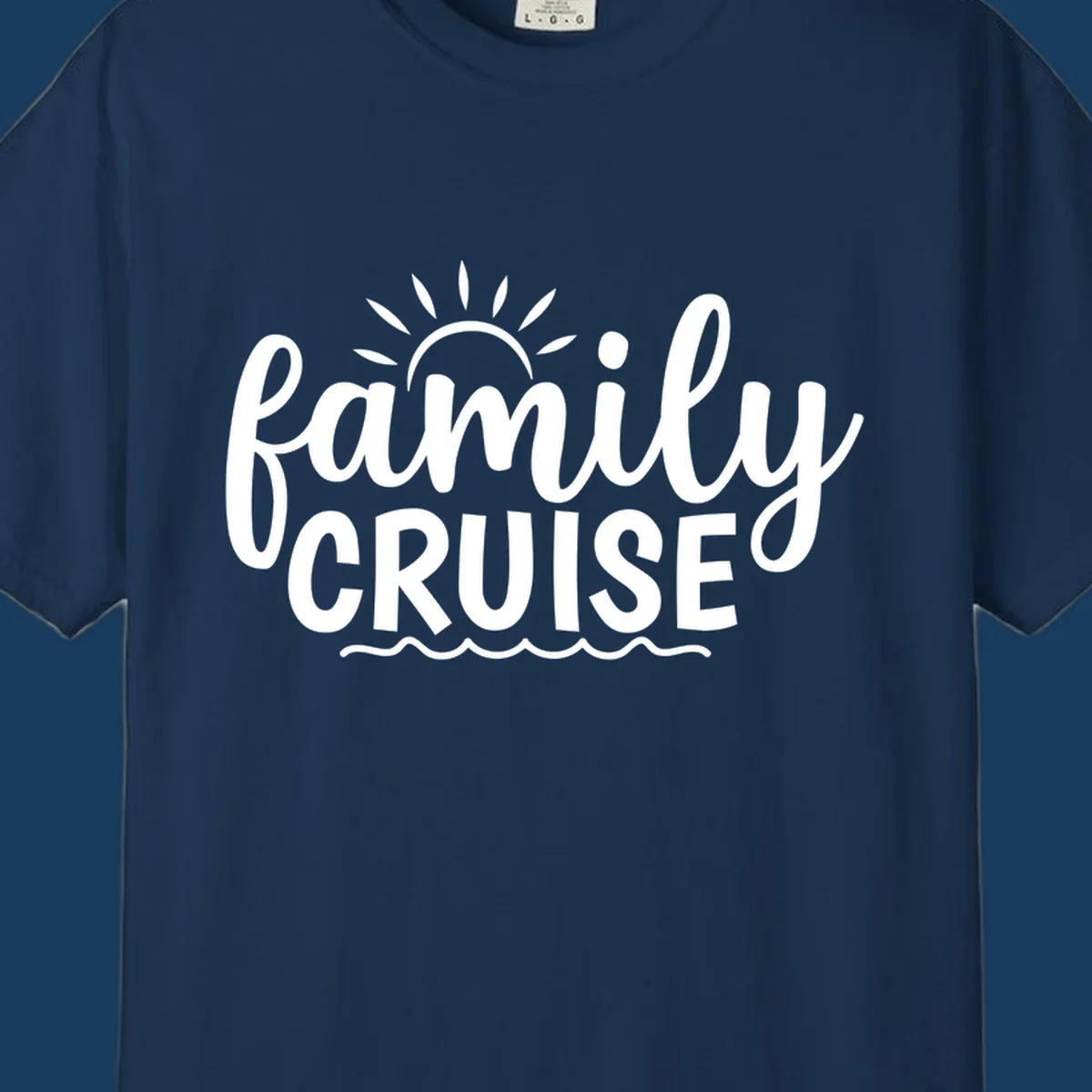 Family cruise vacation text with sun rays and ocean waves.