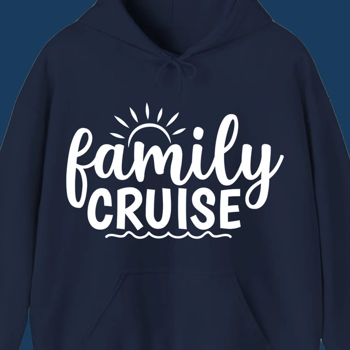 Family cruise vacation text with sun rays and ocean waves.