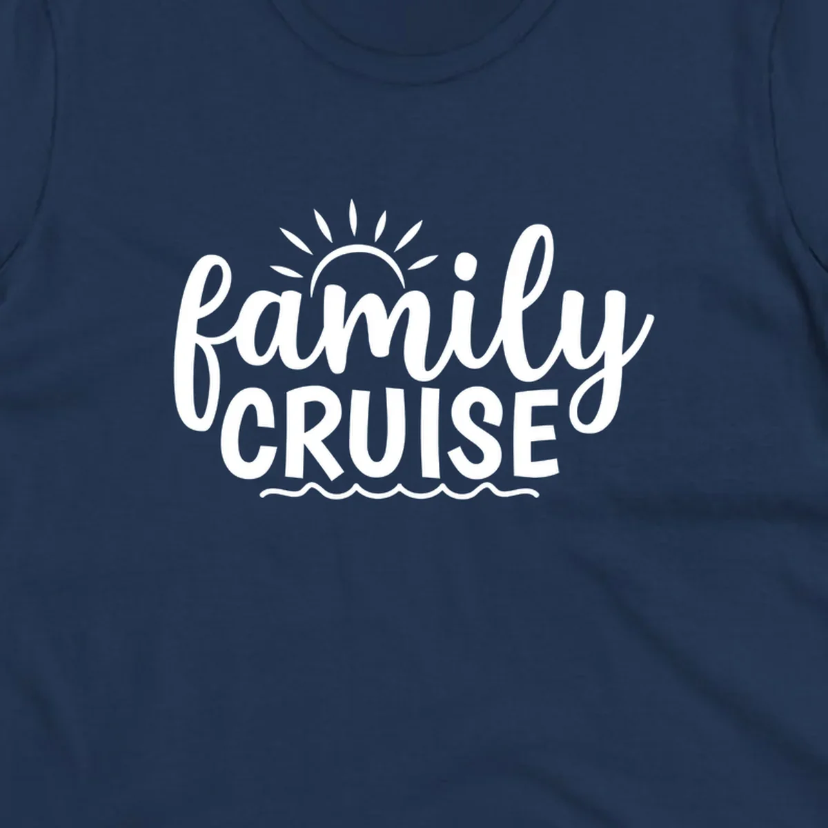 Family cruise vacation text with sun rays and ocean waves.