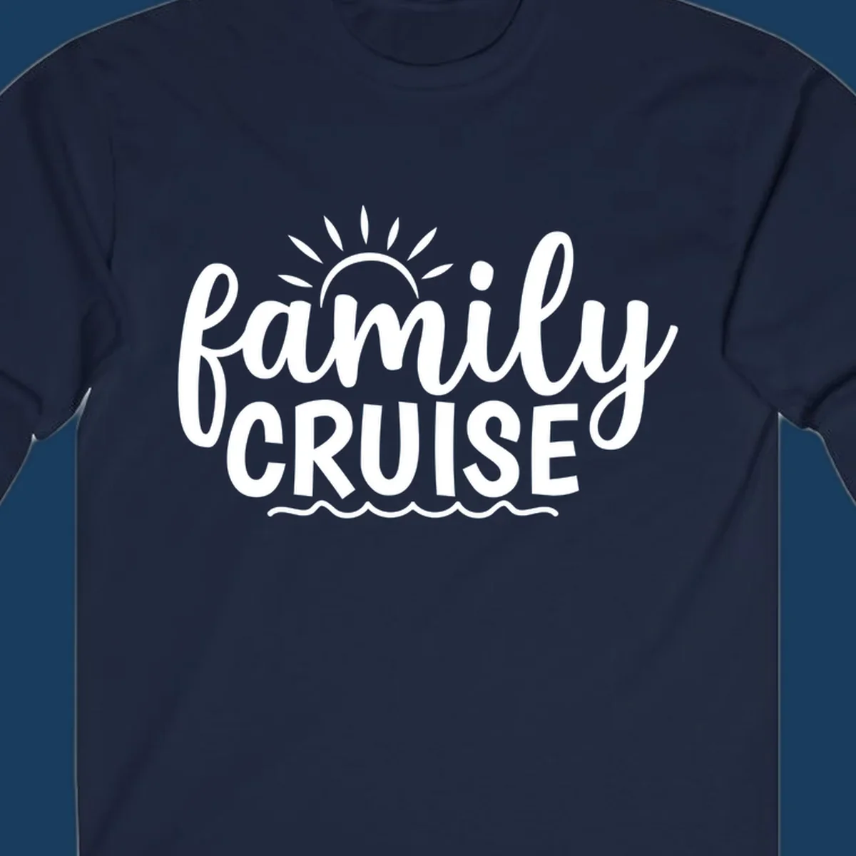 Family cruise vacation text with sun rays and ocean waves.