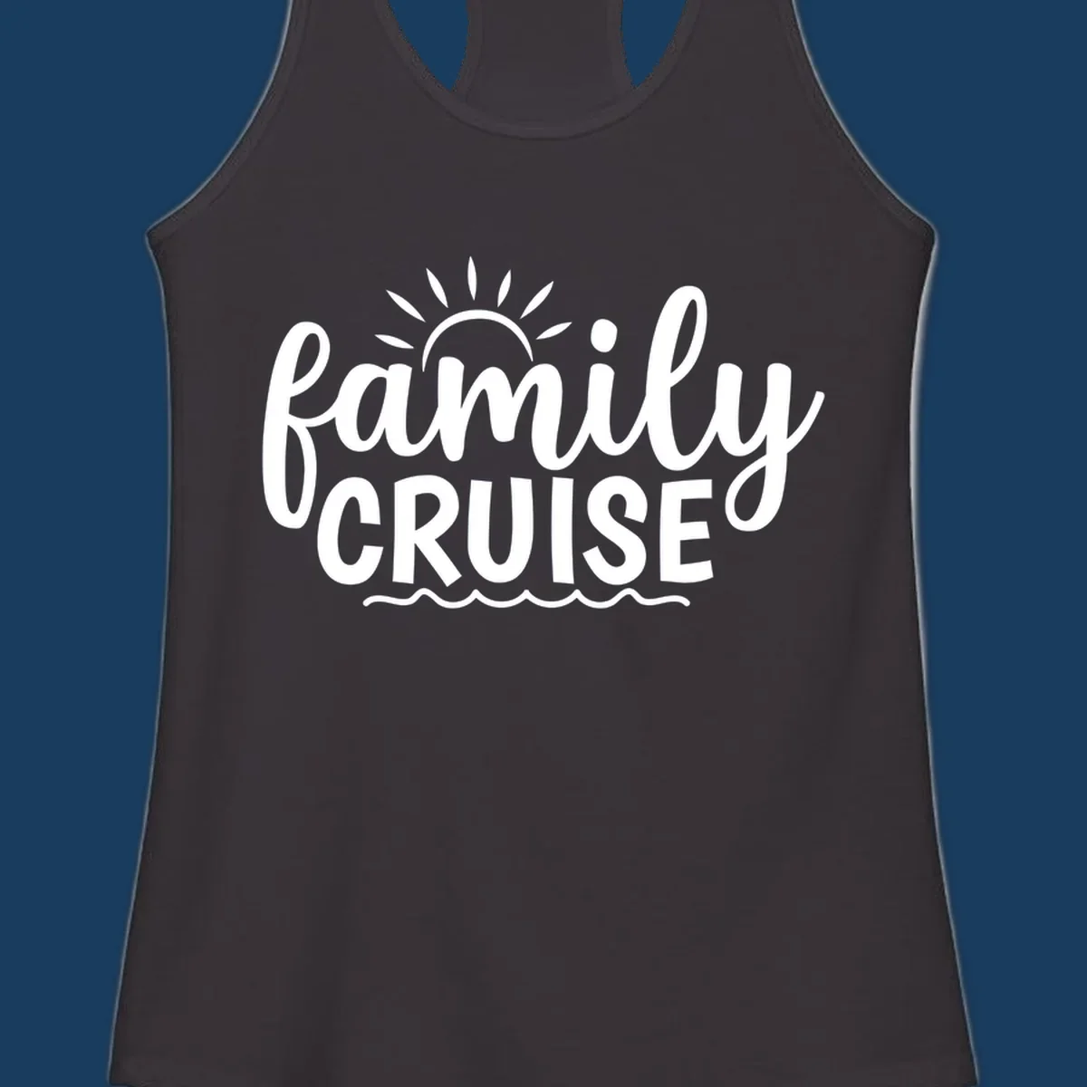 Family cruise vacation text with sun rays and ocean waves.
