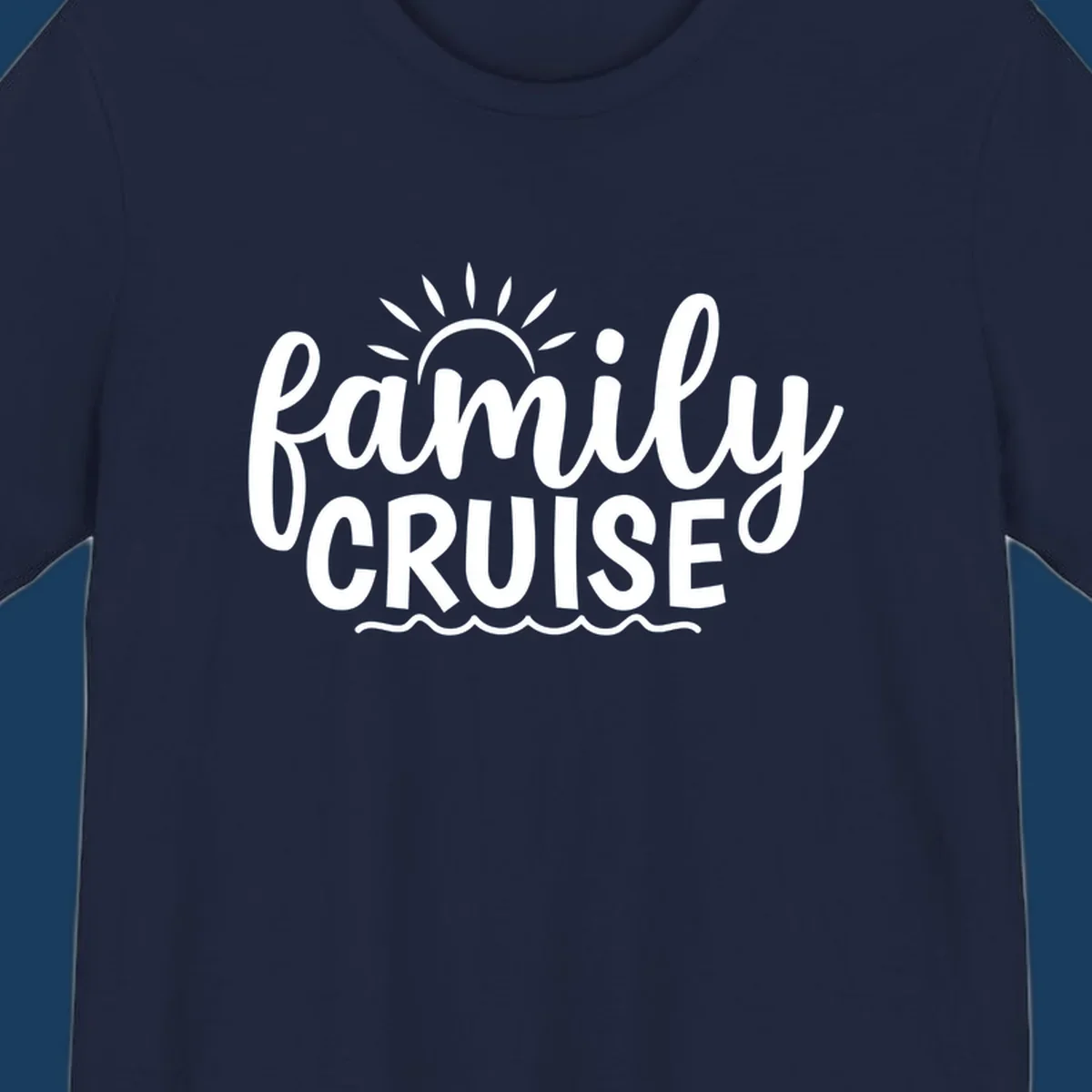 Family cruise vacation text with sun rays and ocean waves.