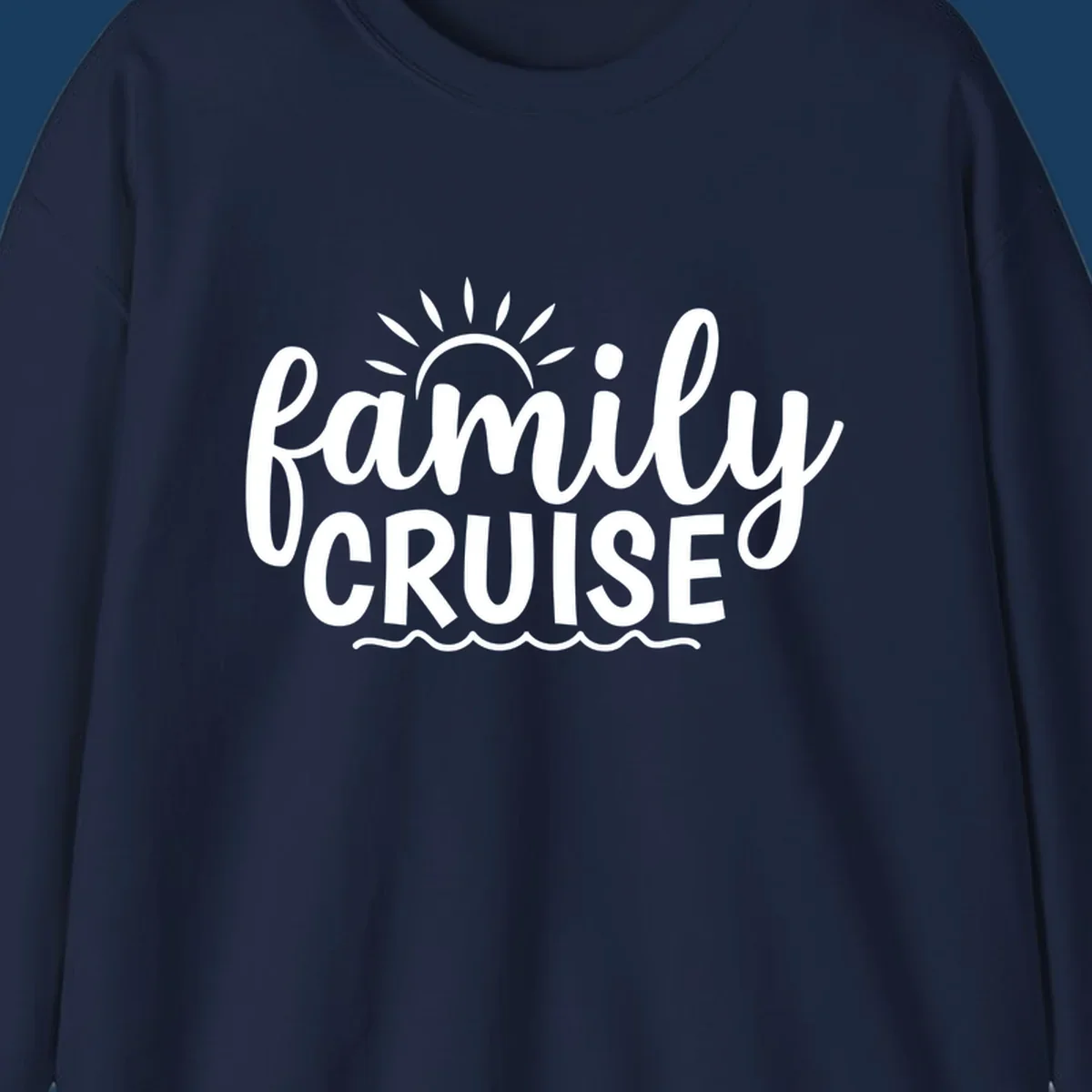 Family cruise vacation text with sun rays and ocean waves.