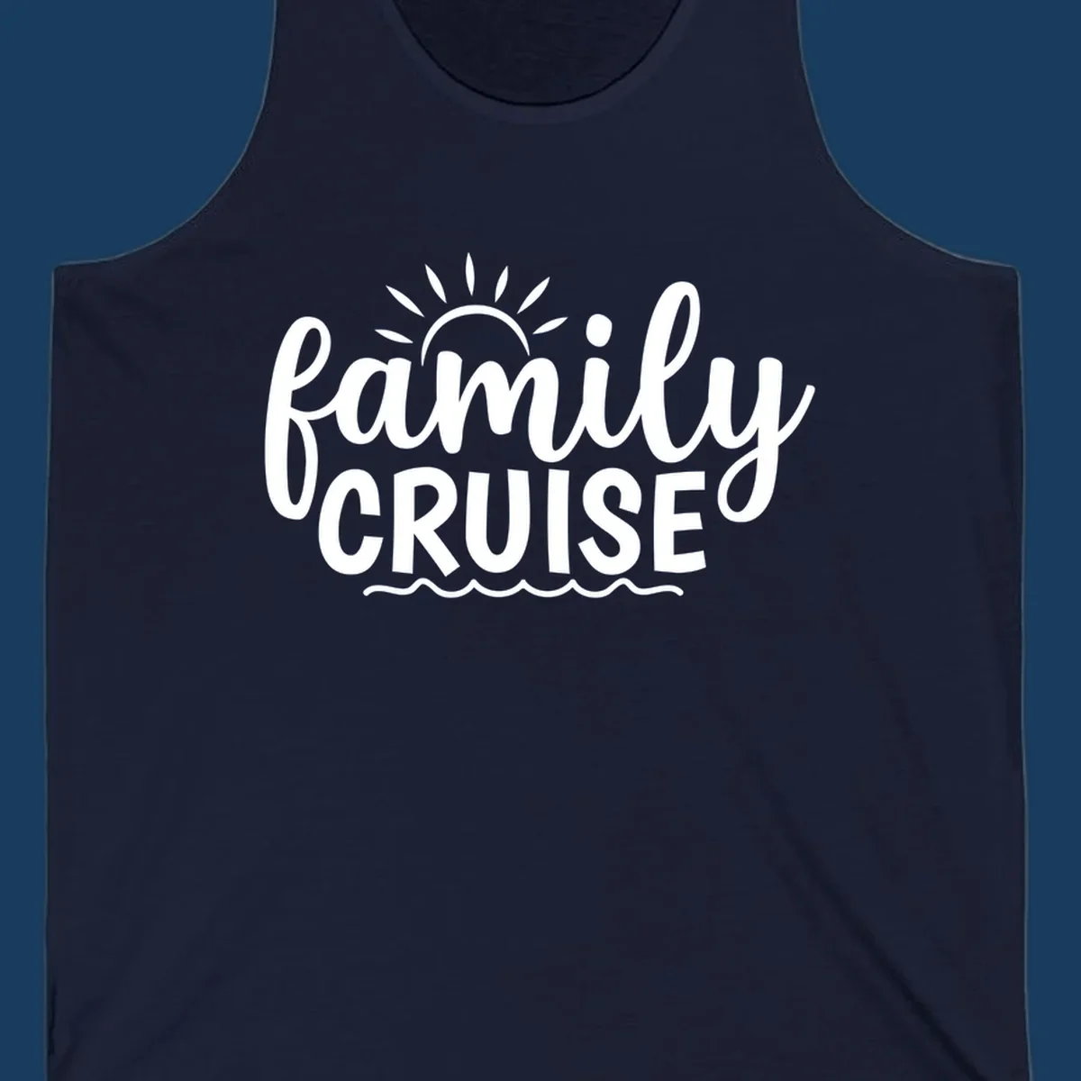 Family cruise vacation text with sun rays and ocean waves.