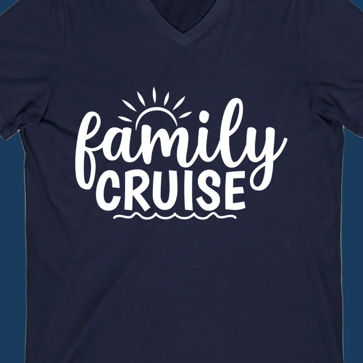 Family cruise vacation text with sun rays and ocean waves.