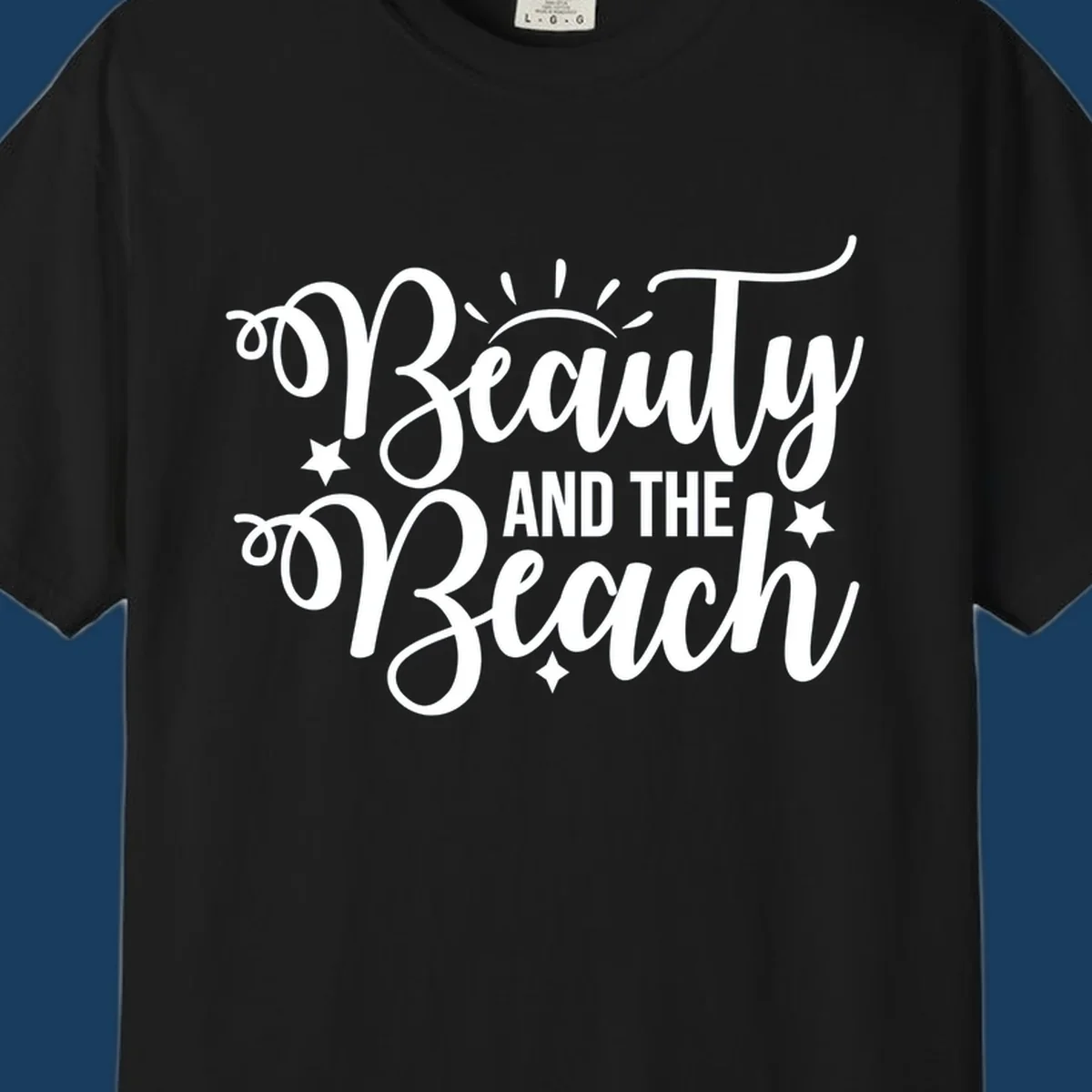 Beauty and the Beach text design with sun rays and stars.