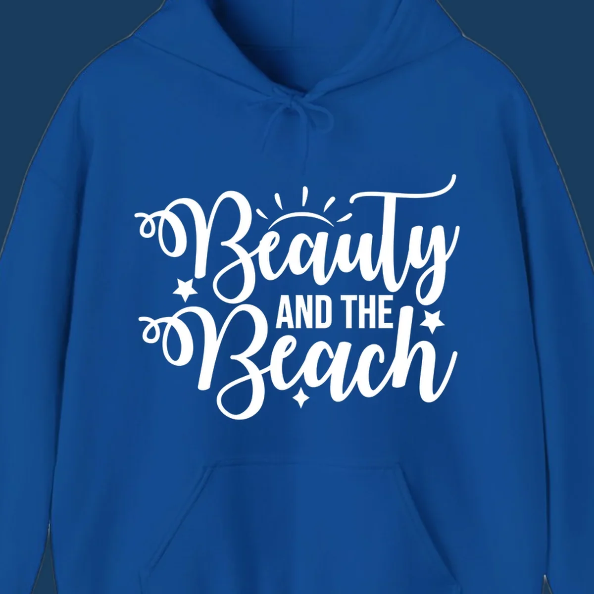 Beauty and the Beach text design with sun rays and stars.