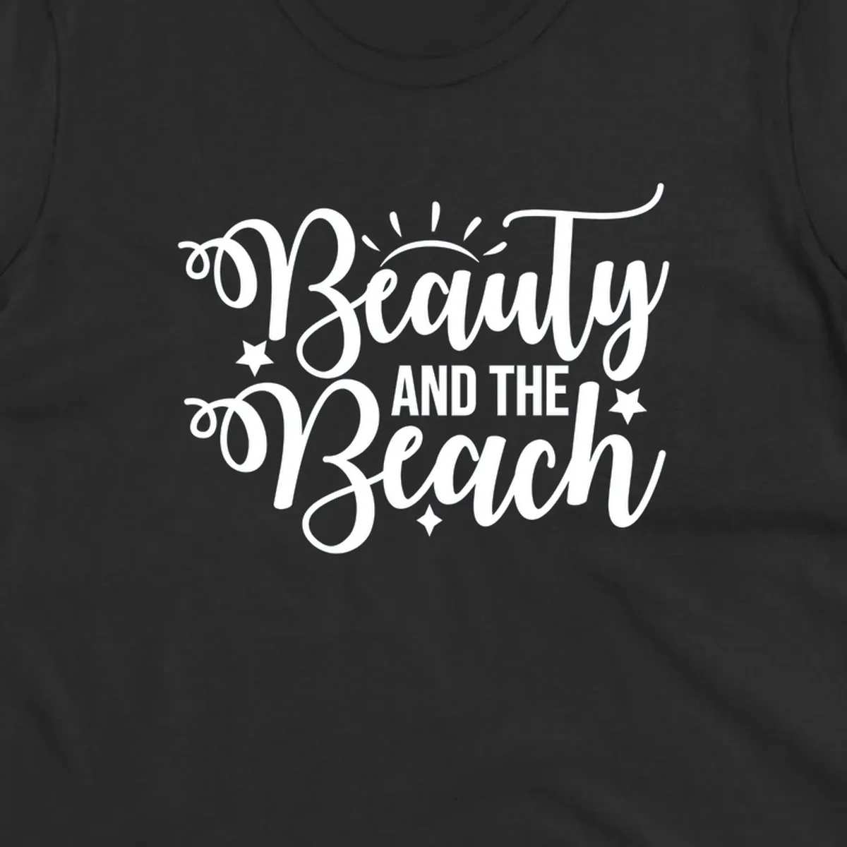 Beauty and the Beach text design with sun rays and stars.