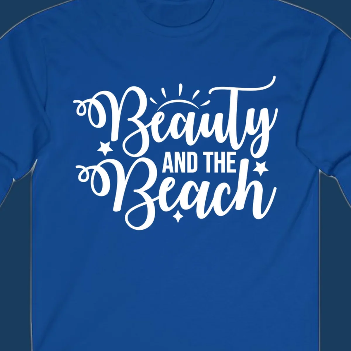Beauty and the Beach text design with sun rays and stars.