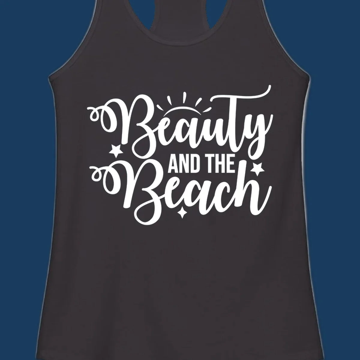 Beauty and the Beach text design with sun rays and stars.
