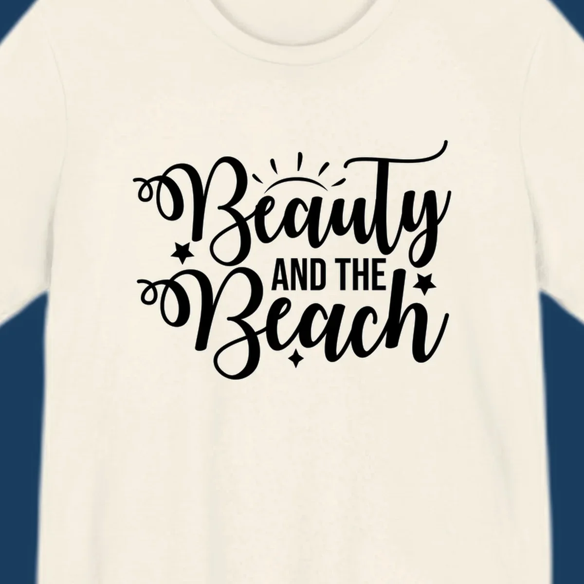 Beauty and the Beach text design with sun rays and stars.