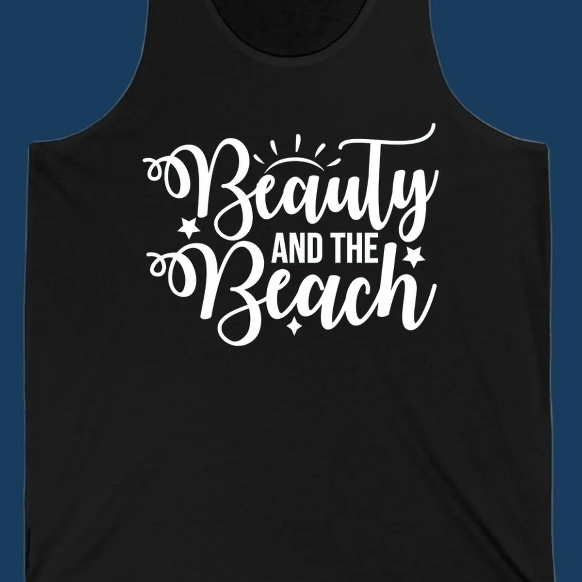 Beauty and the Beach text design with sun rays and stars.