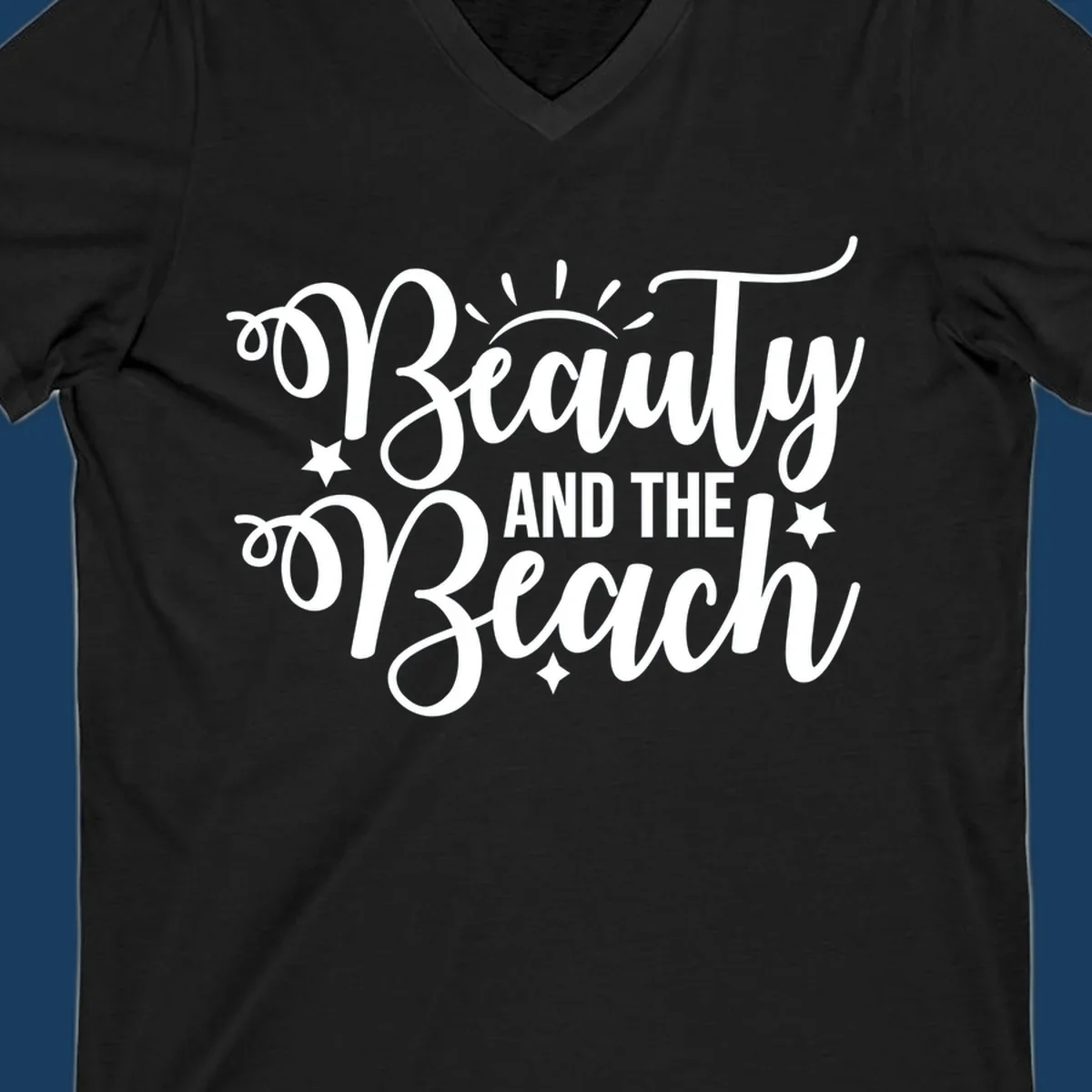 Beauty and the Beach text design with sun rays and stars.