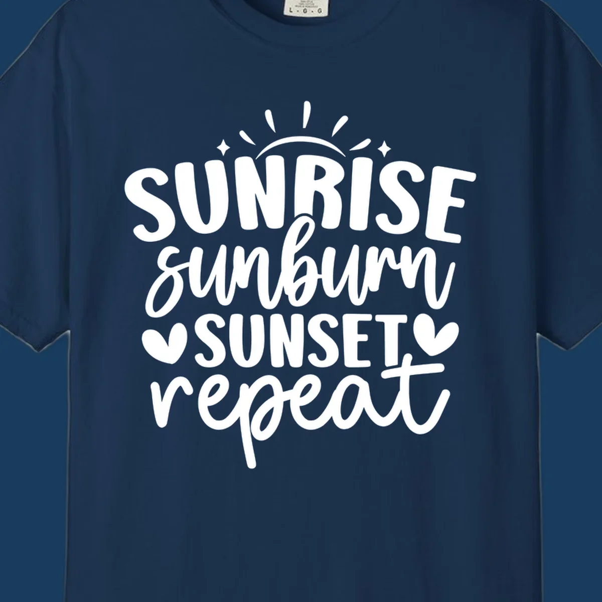 Sunrise sunburn sunset repeat text with sun rays and heart symbols.