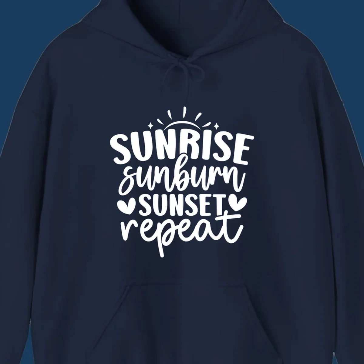 Sunrise sunburn sunset repeat text with sun rays and heart symbols.