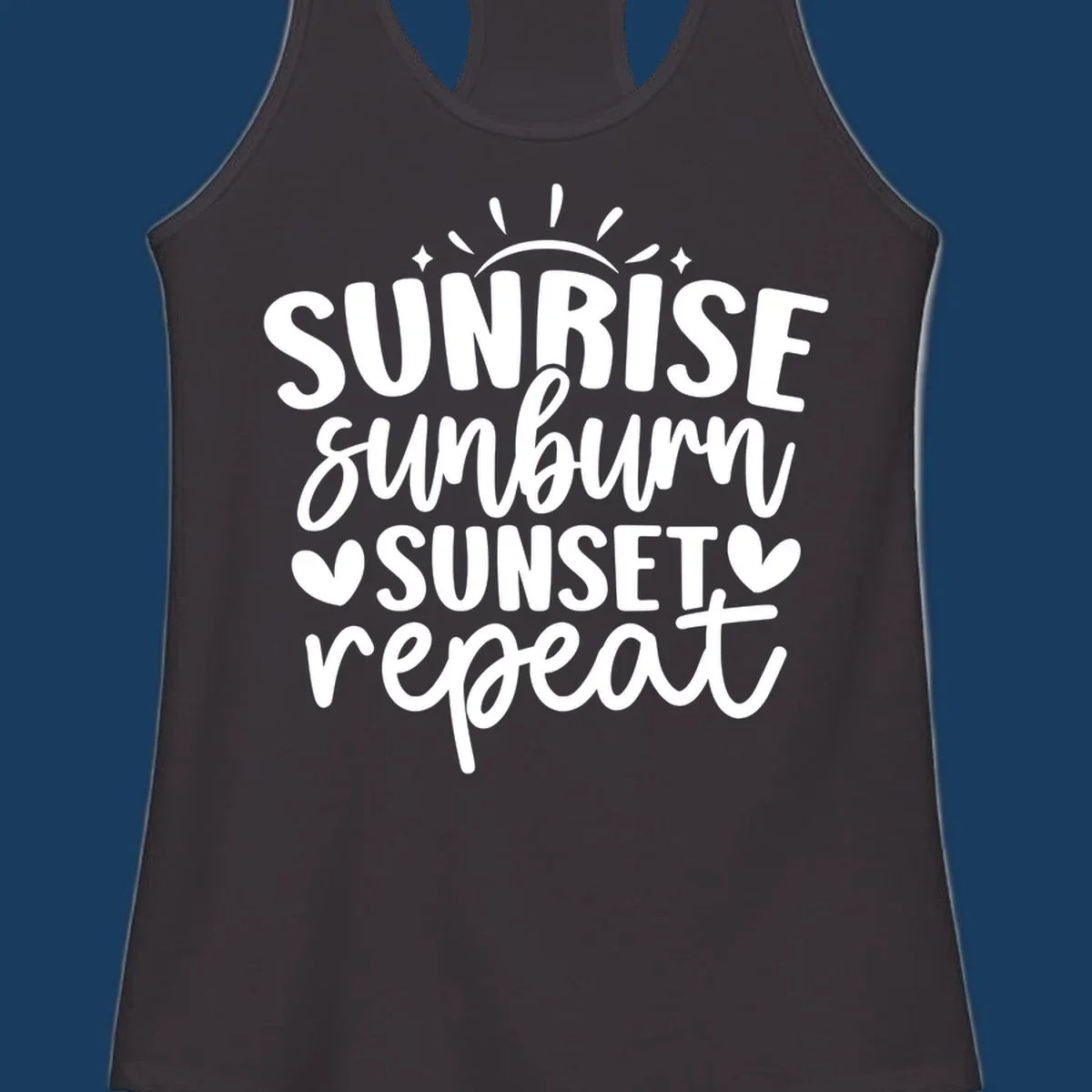 Sunrise sunburn sunset repeat text with sun rays and heart symbols.