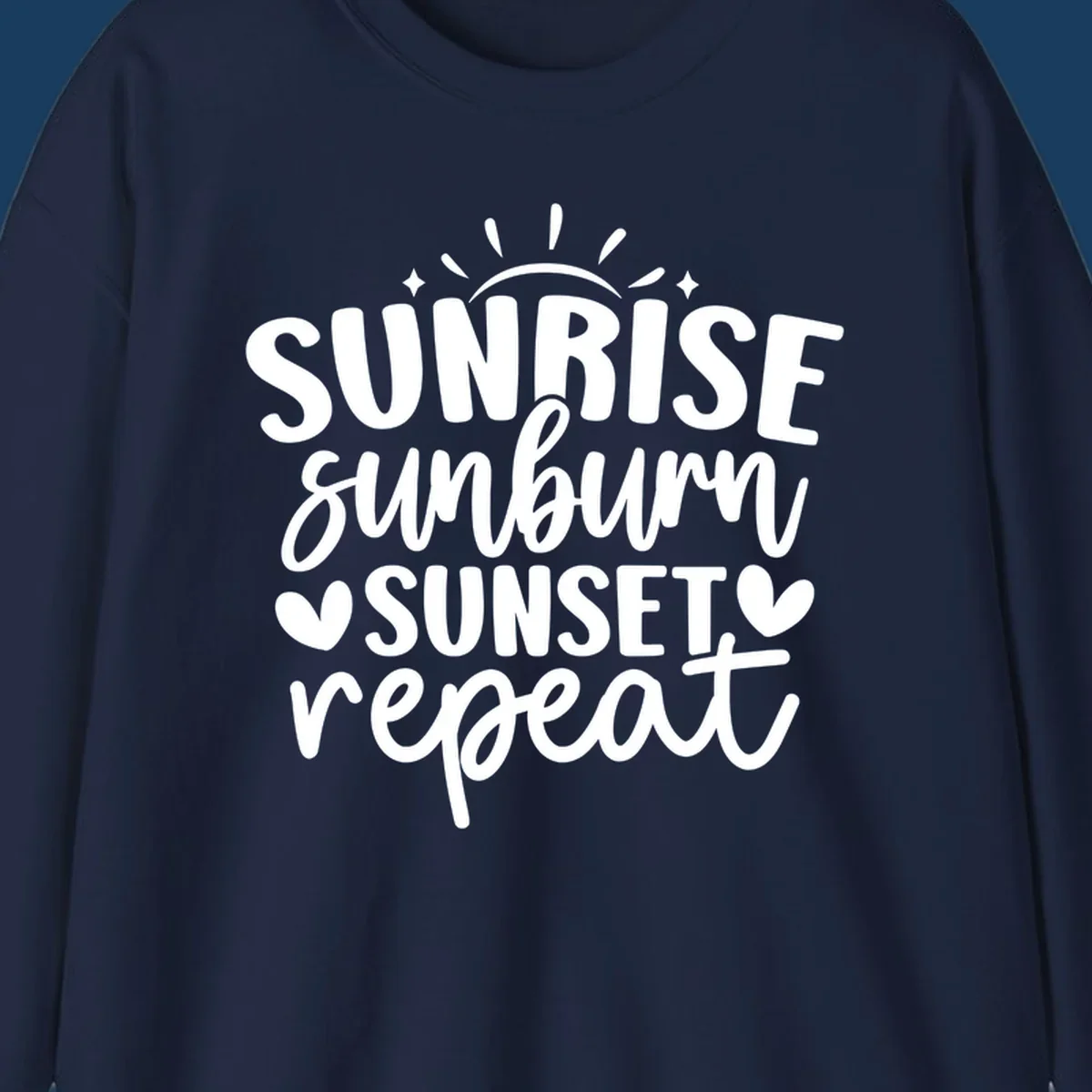 Sunrise sunburn sunset repeat text with sun rays and heart symbols.