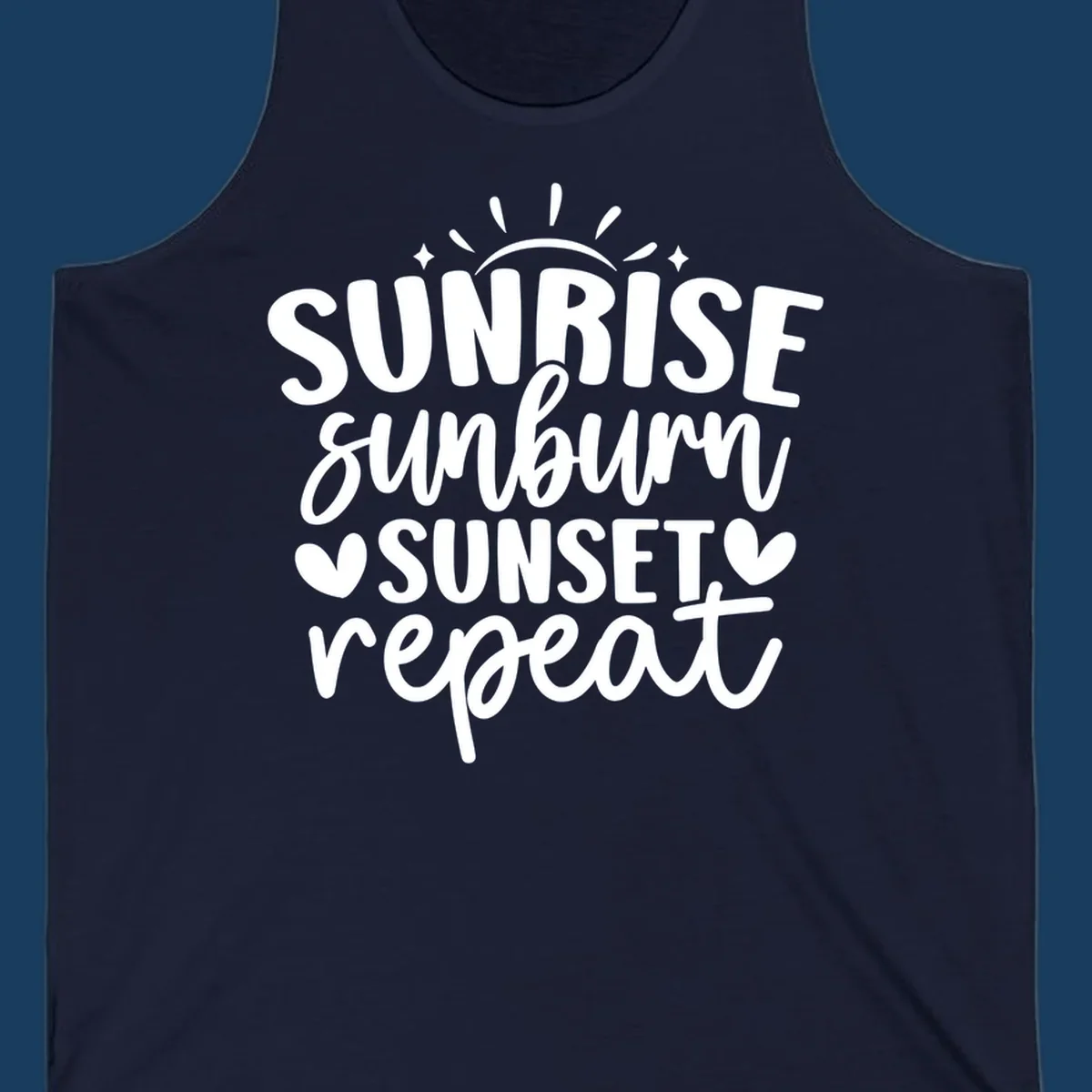 Sunrise sunburn sunset repeat text with sun rays and heart symbols.
