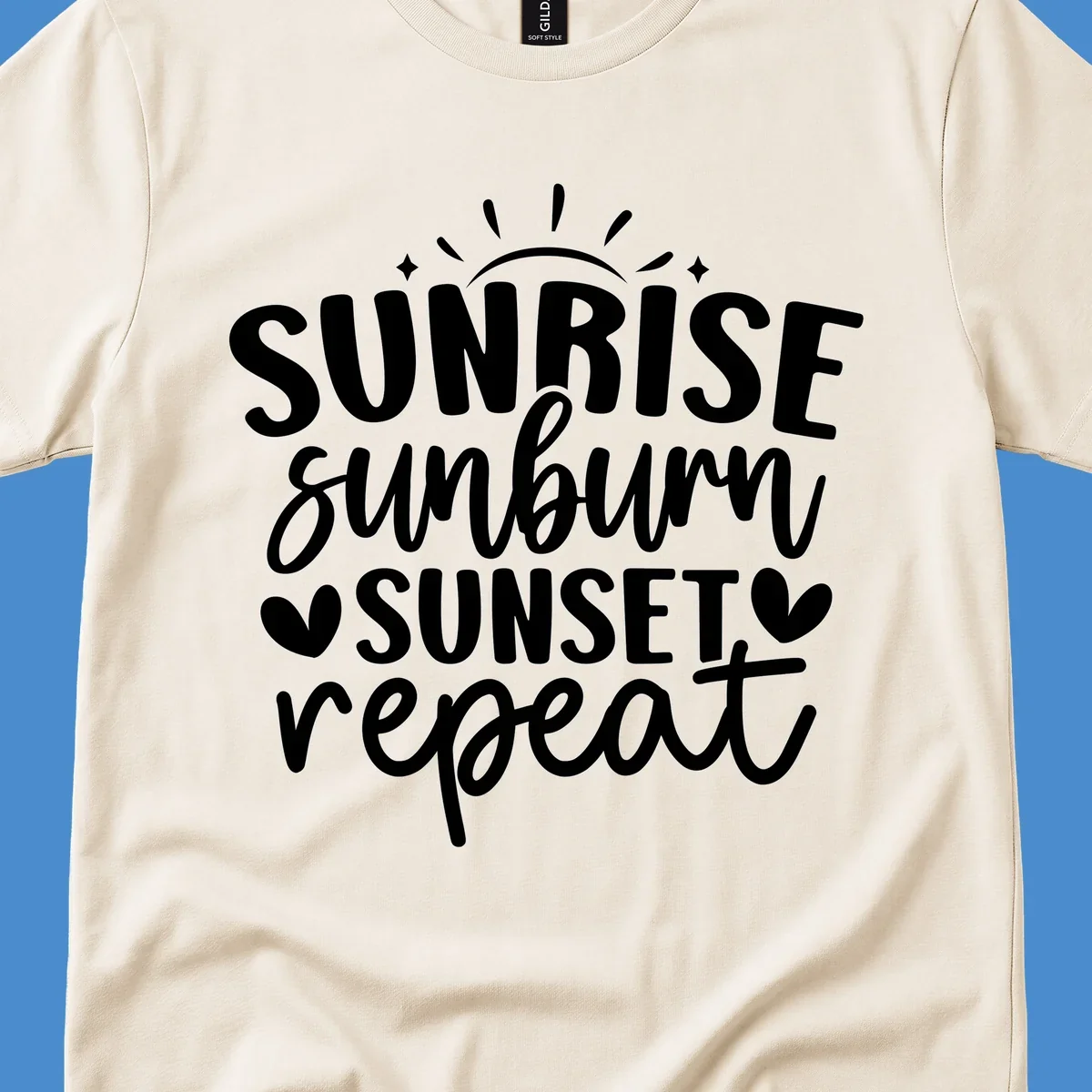 Sunrise sunburn sunset repeat text with sun rays and heart symbols.