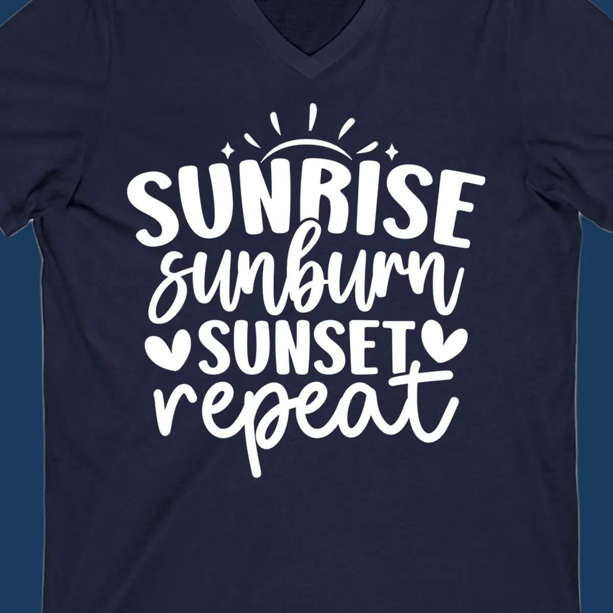 Sunrise sunburn sunset repeat text with sun rays and heart symbols.