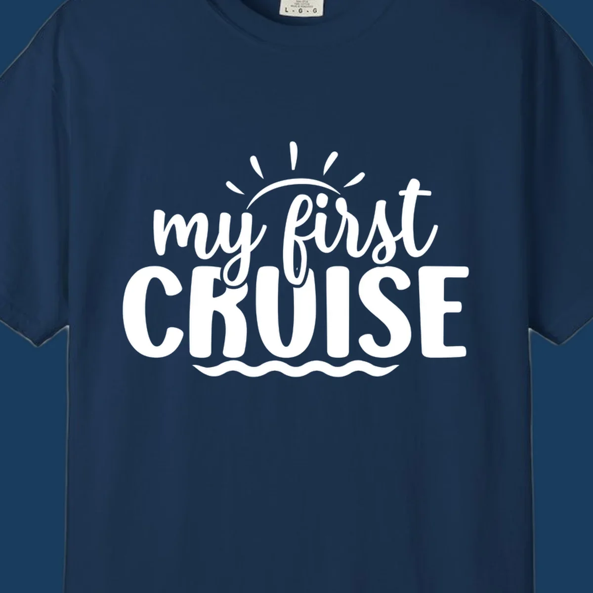 My First Cruise Announcement design featuring text, sun rays, and ocean waves.