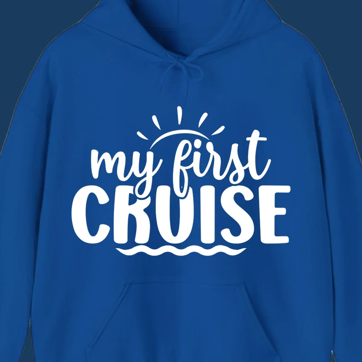 My First Cruise Announcement design featuring text, sun rays, and ocean waves.