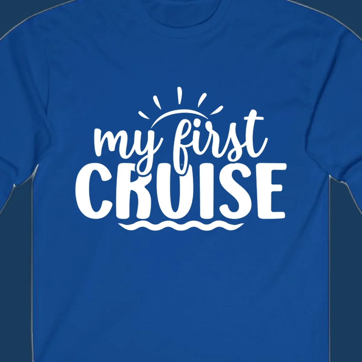 My First Cruise Announcement design featuring text, sun rays, and ocean waves.