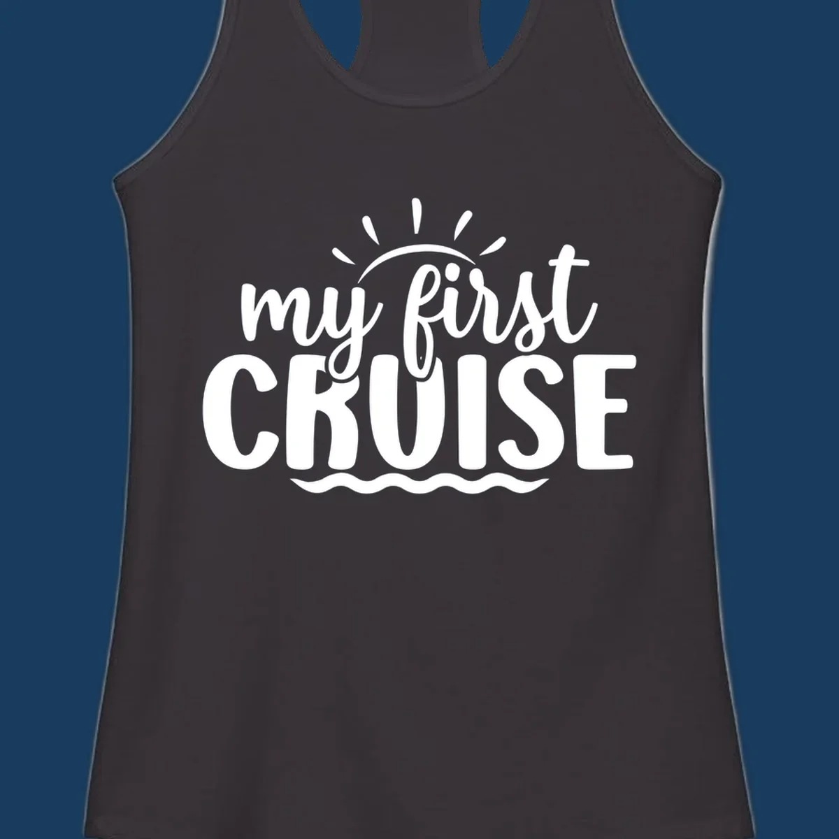 My First Cruise Announcement design featuring text, sun rays, and ocean waves.