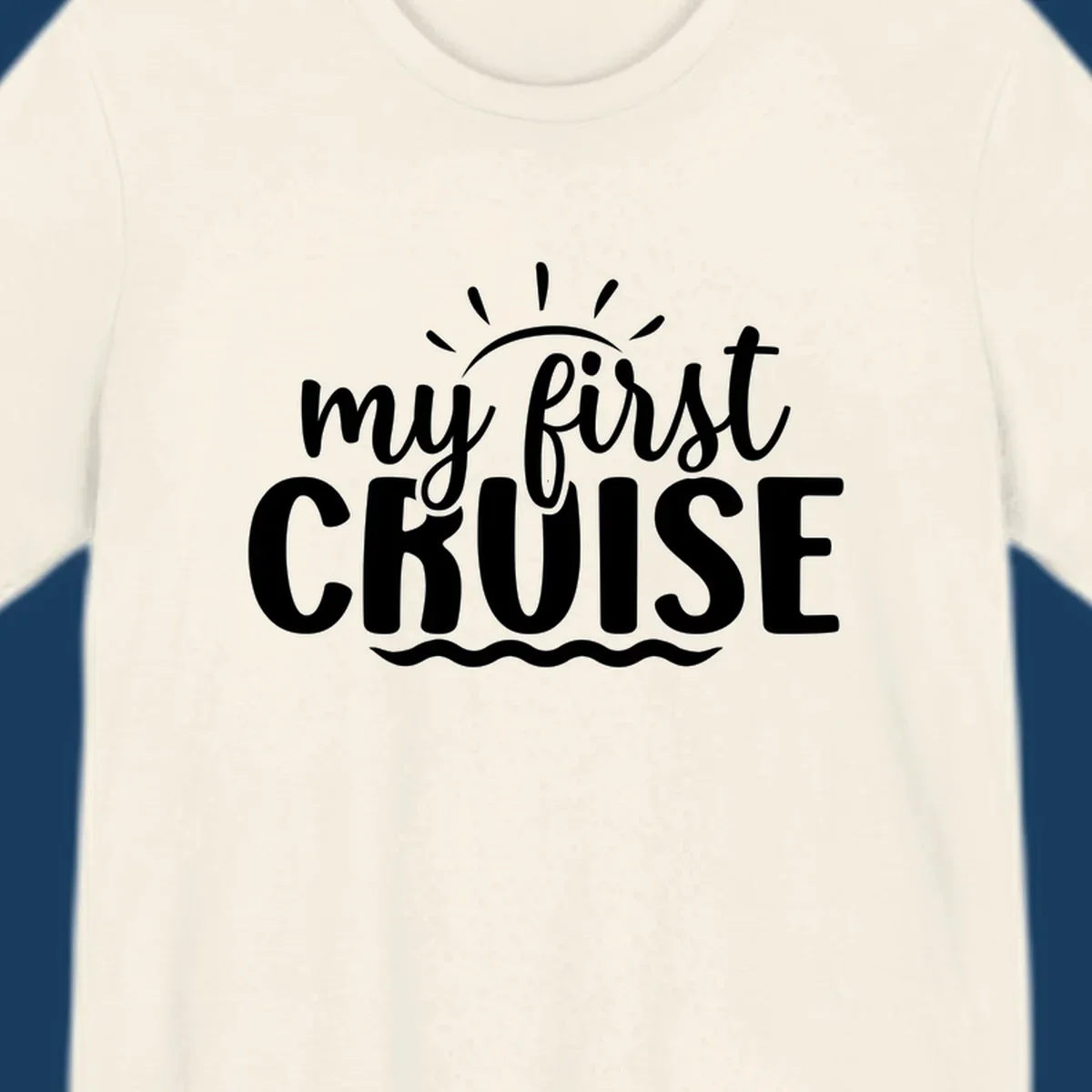 My First Cruise Announcement design featuring text, sun rays, and ocean waves.