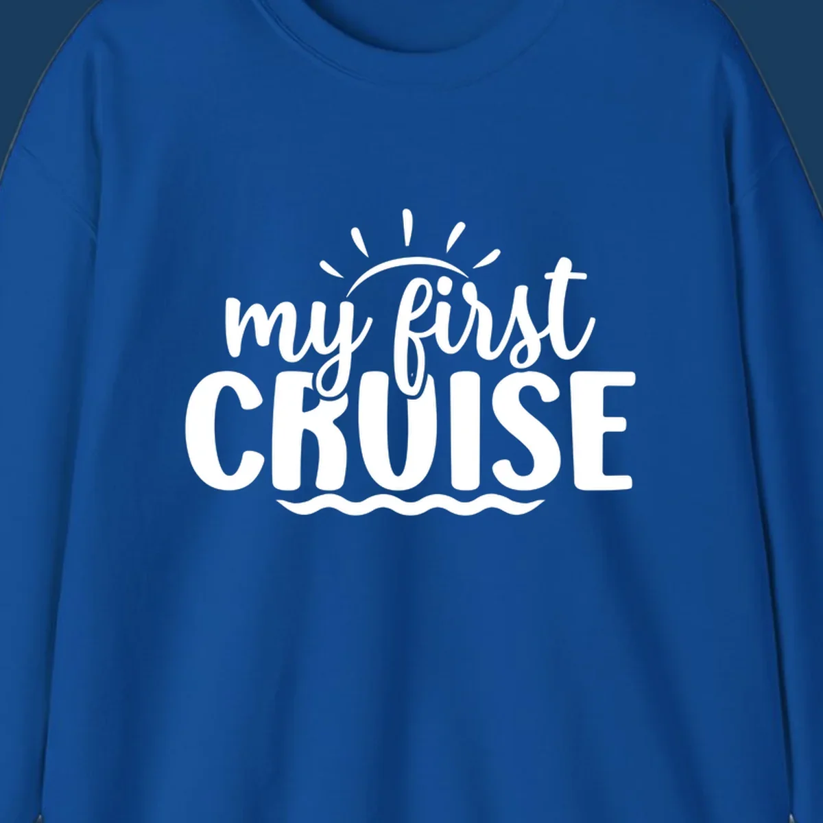 My First Cruise Announcement design featuring text, sun rays, and ocean waves.