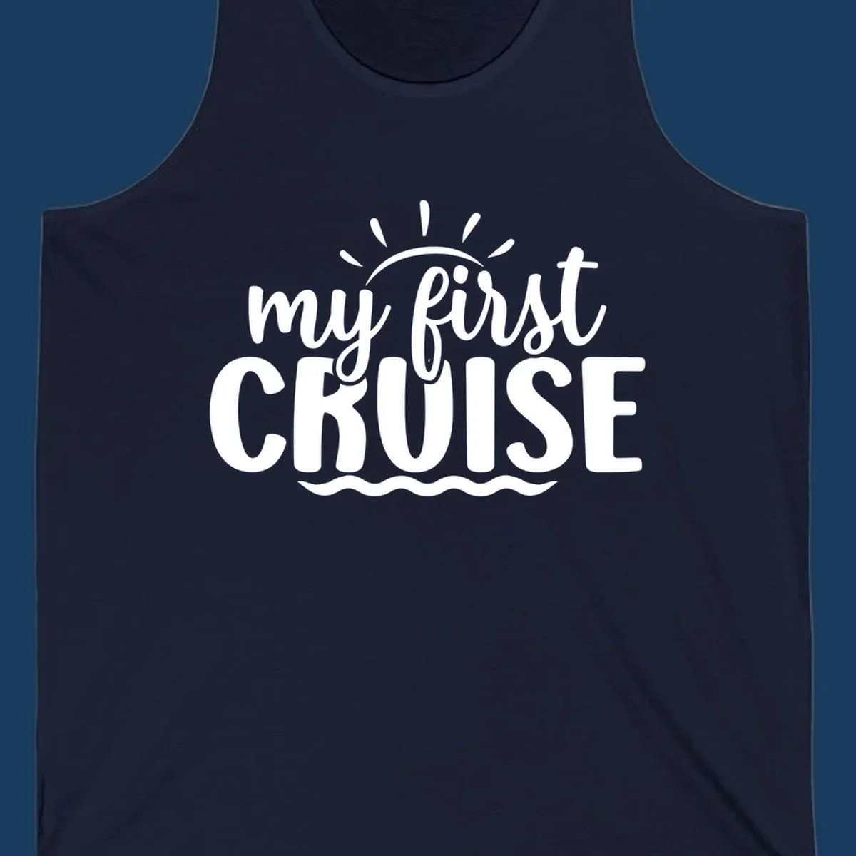 My First Cruise Announcement design featuring text, sun rays, and ocean waves.