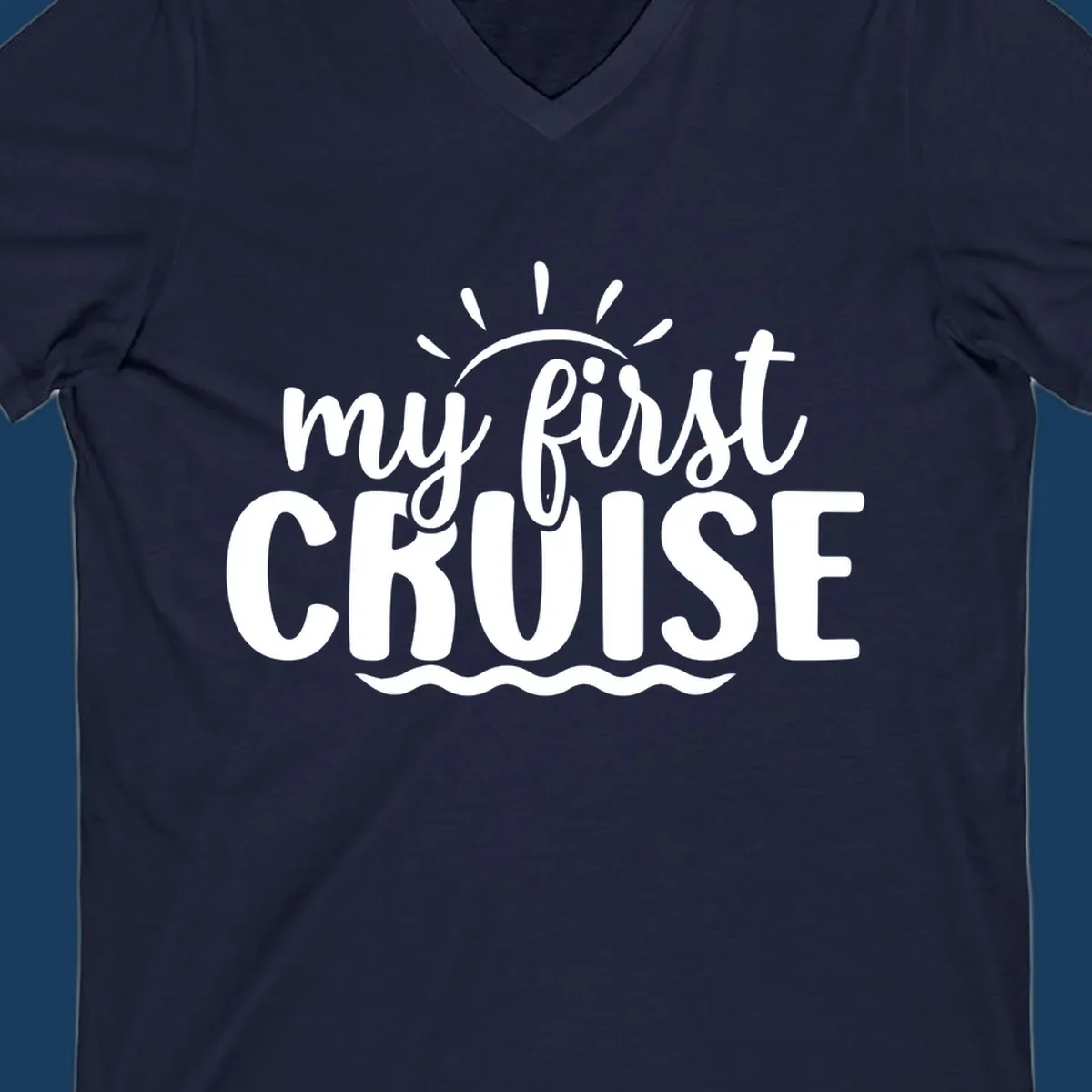 My First Cruise Announcement design featuring text, sun rays, and ocean waves.