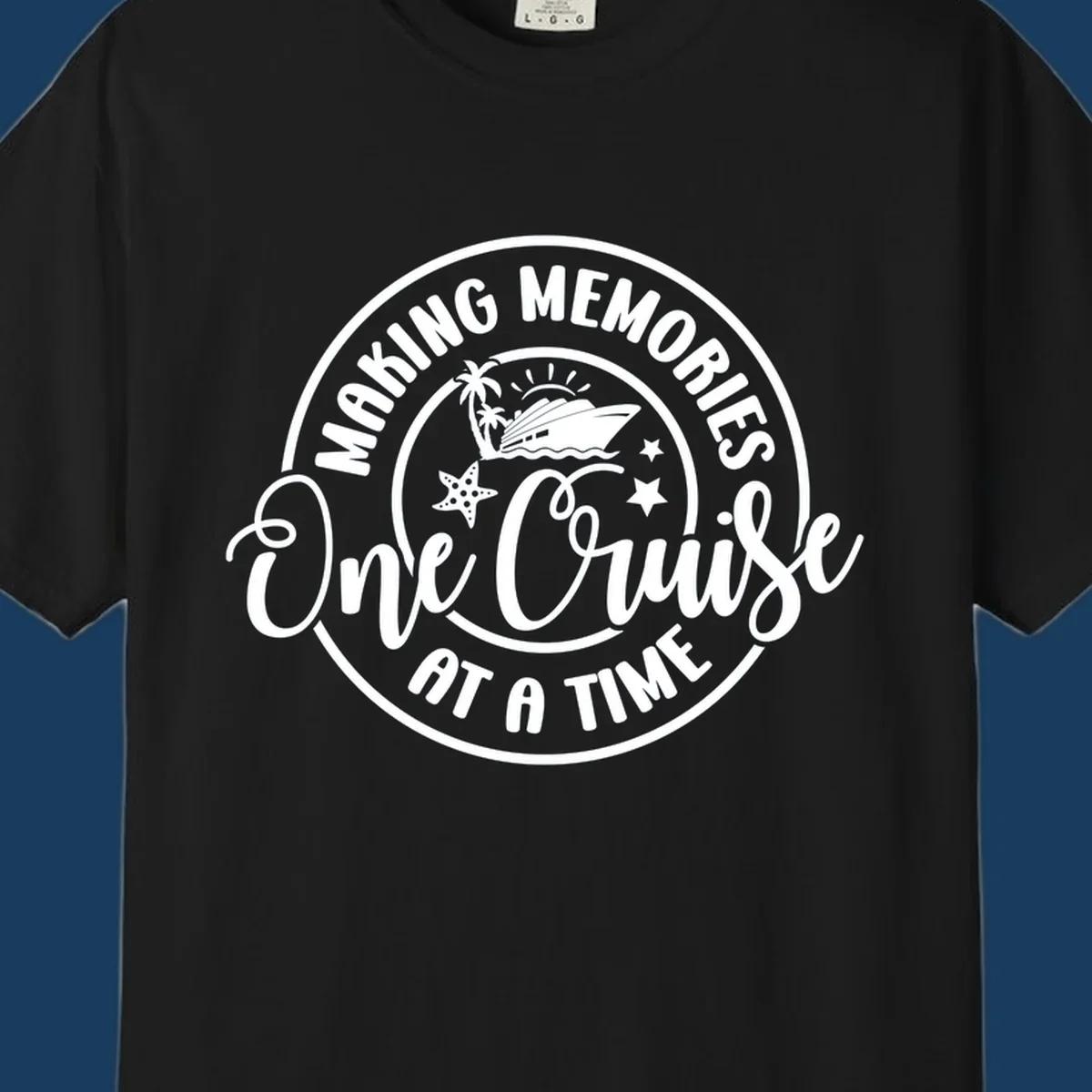 Making memories one cruise at a time badge with cruise ship, palm trees, and starfish. White on black and black on white.