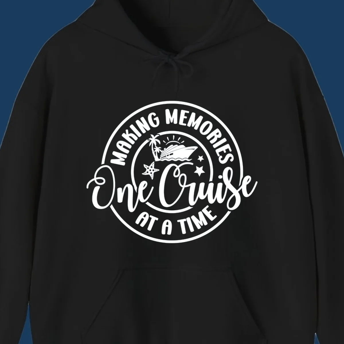 Making memories one cruise at a time badge with cruise ship, palm trees, and starfish. White on black and black on white.