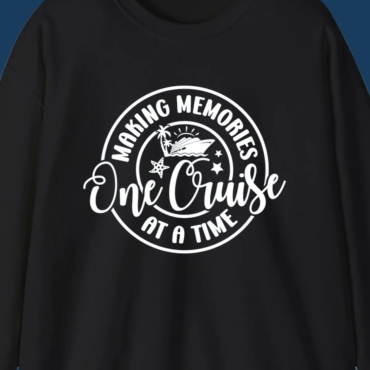 Making memories one cruise at a time badge with cruise ship, palm trees, and starfish. White on black and black on white.
