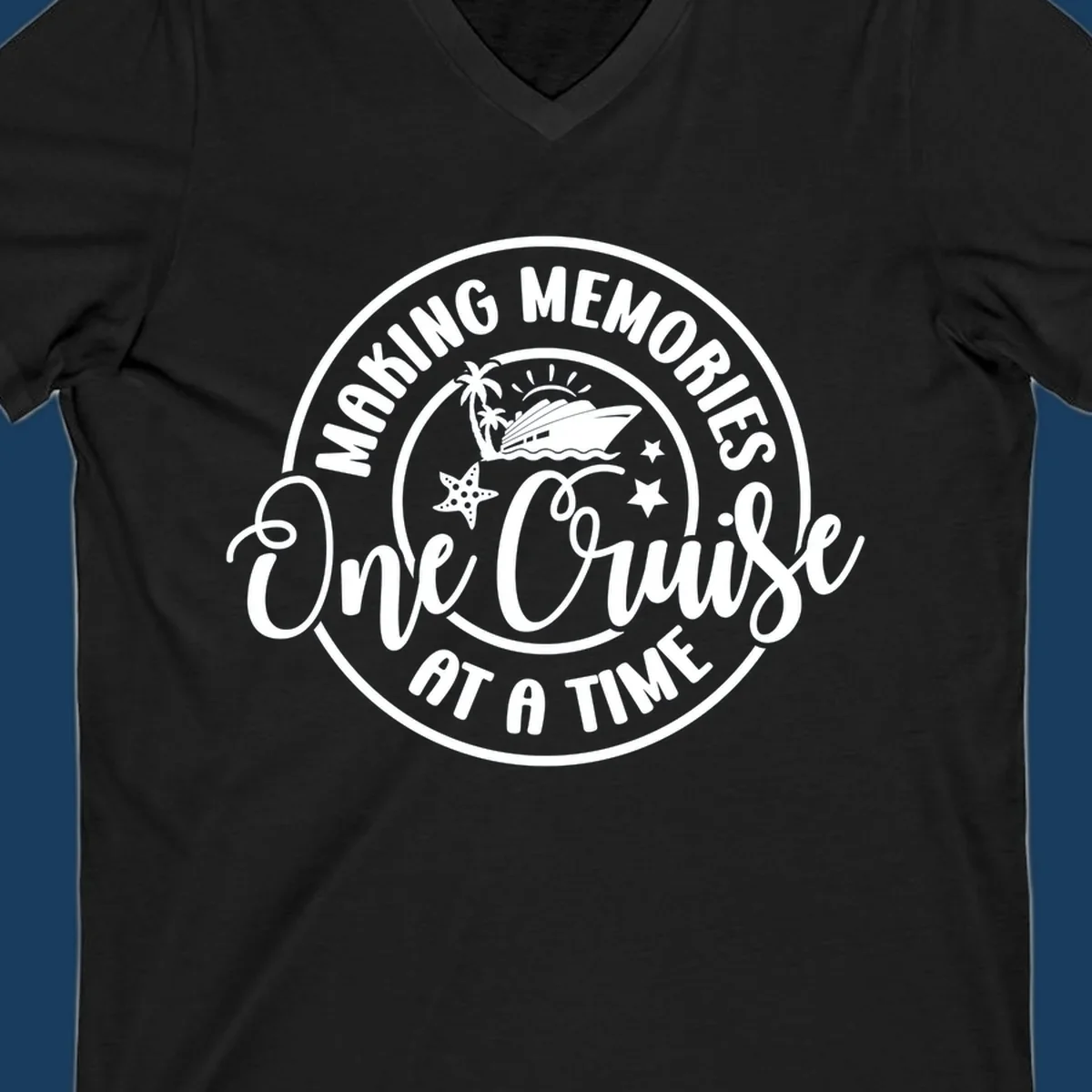 Making memories one cruise at a time badge with cruise ship, palm trees, and starfish. White on black and black on white.