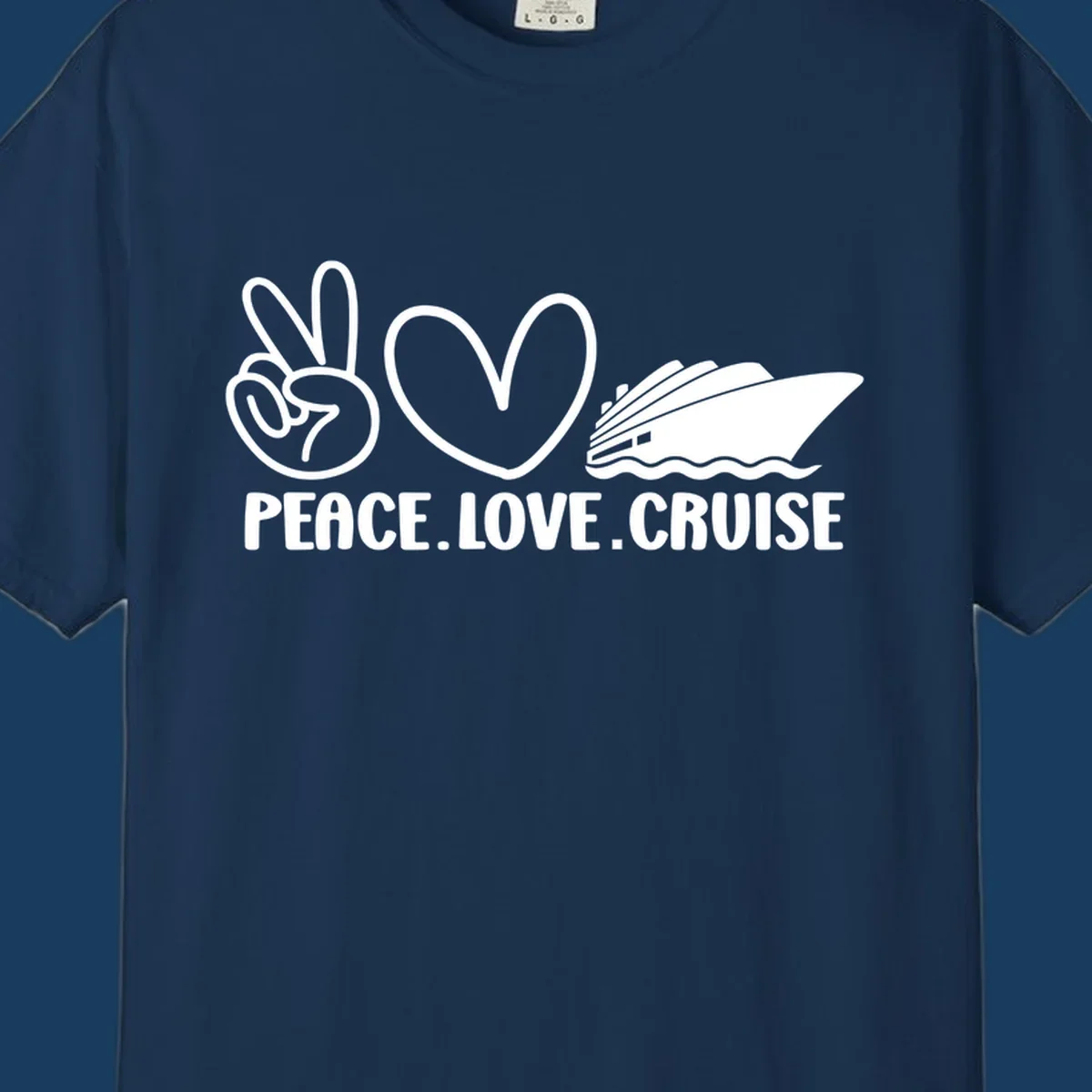 Peace sign, heart, and cruise ship with text PEACE LOVE CRUISE. Peace love cruise concept.
