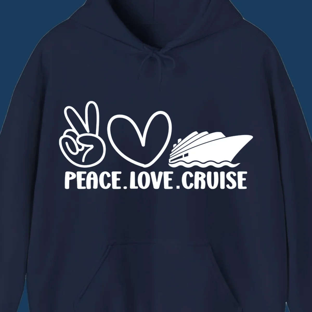 Peace sign, heart, and cruise ship with text PEACE LOVE CRUISE. Peace love cruise concept.