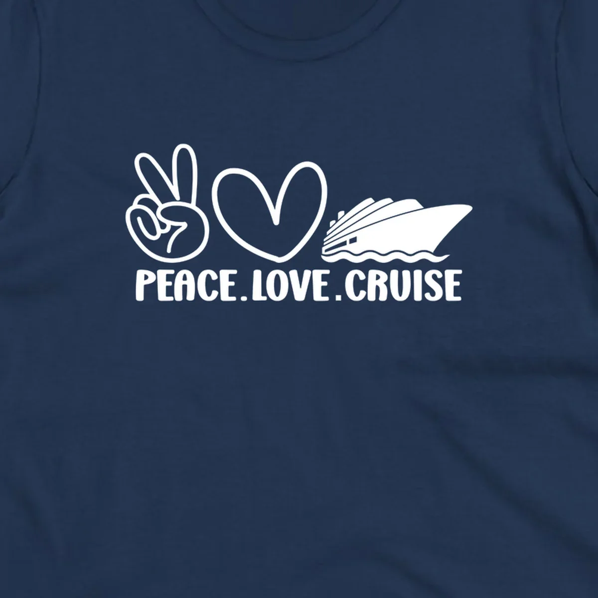 Peace sign, heart, and cruise ship with text PEACE LOVE CRUISE. Peace love cruise concept.