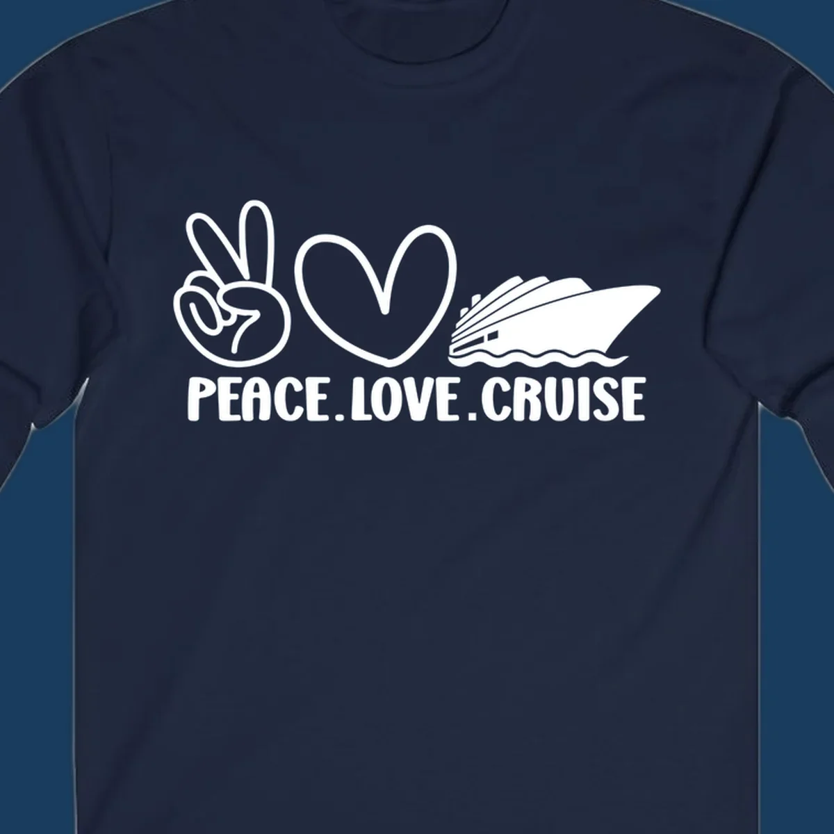 Peace sign, heart, and cruise ship with text PEACE LOVE CRUISE. Peace love cruise concept.