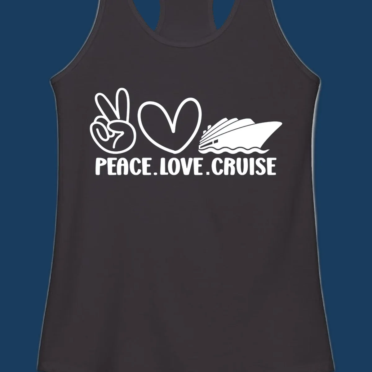 Peace sign, heart, and cruise ship with text PEACE LOVE CRUISE. Peace love cruise concept.
