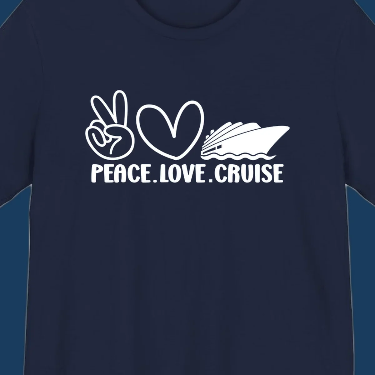 Peace sign, heart, and cruise ship with text PEACE LOVE CRUISE. Peace love cruise concept.